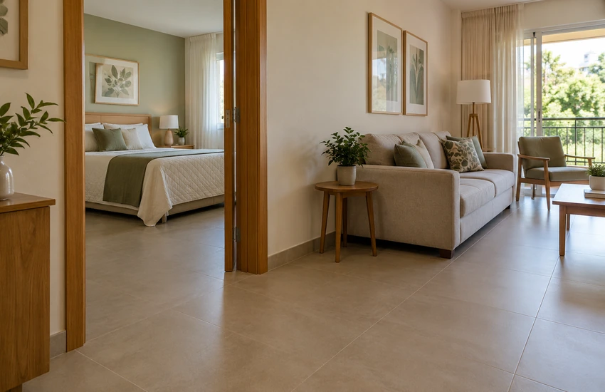 Ambiente residencial com passagem livre entre quarto e sala e iluminação natural.